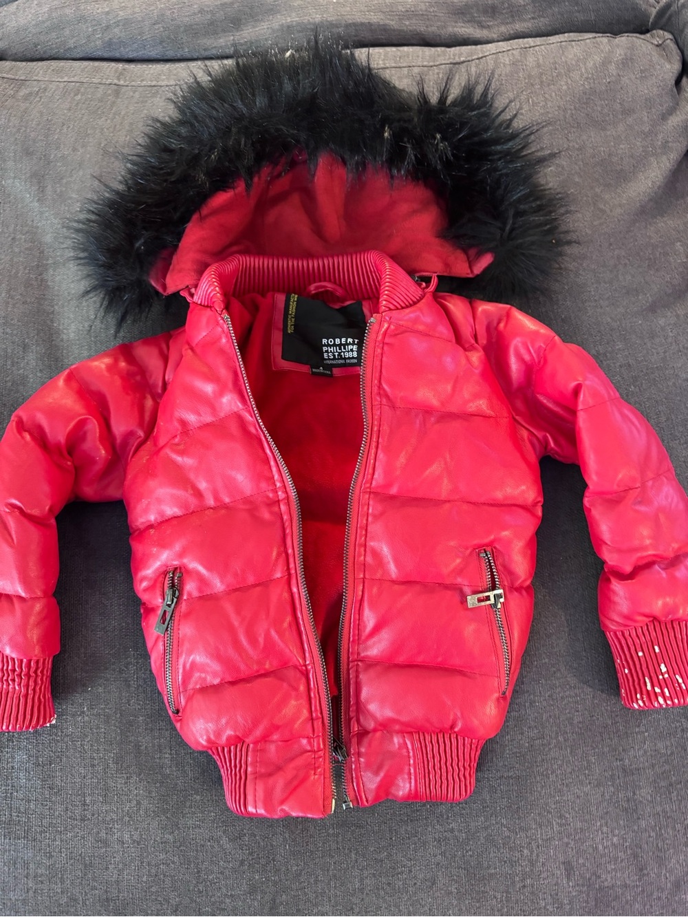 Robert Philippe Red Puffer Jacket with Faux Fur Hood